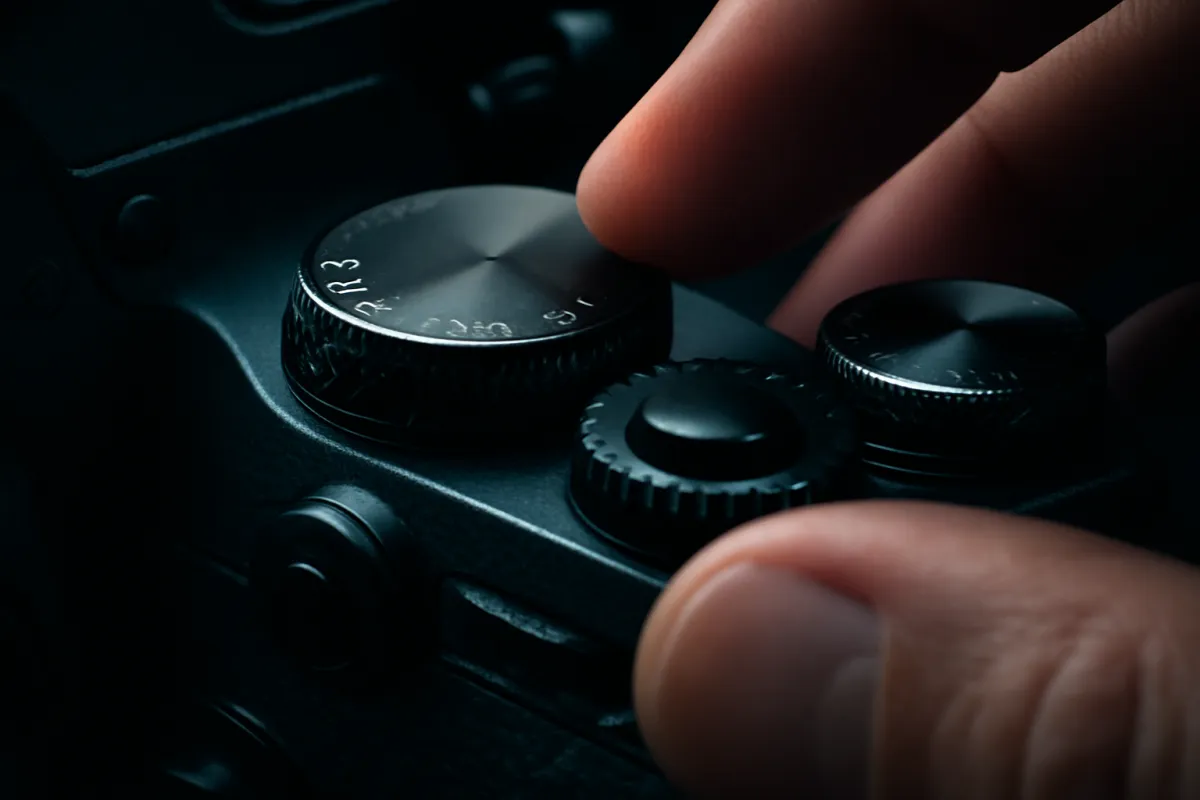 Close-up of a camera mode dial and control dials with a hand adjusting the settings, lit with cool cyan rim light