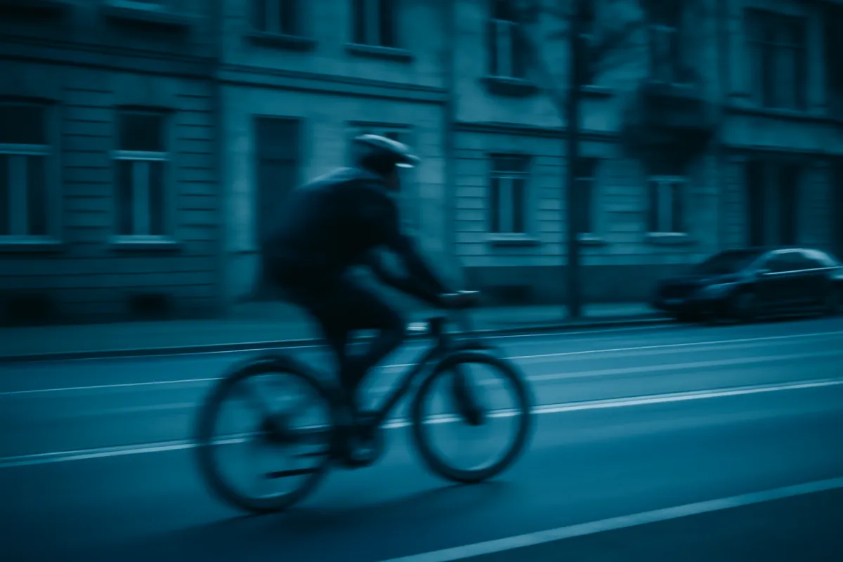 A cyclist on a city street smeared into a blur of motion by a slow shutter