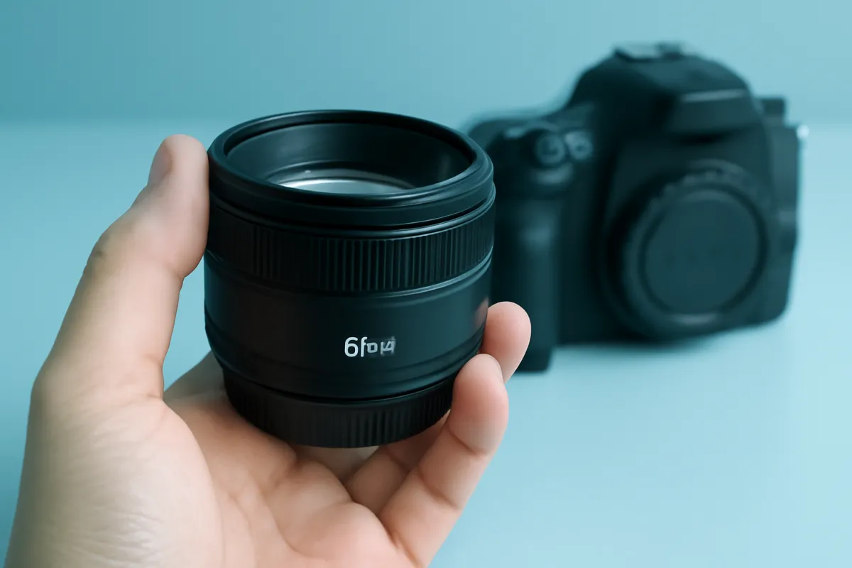 A small prime lens held in a hand with a camera body behind it under cyan-tinted studio light