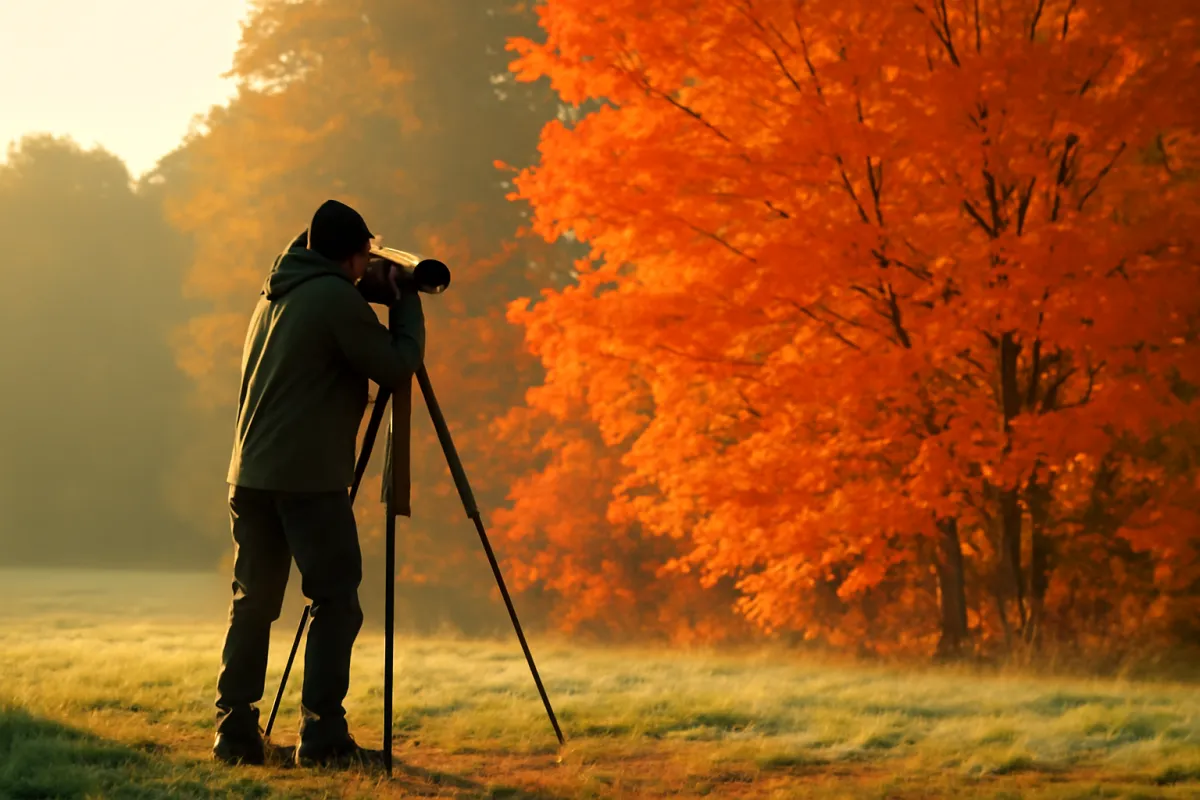 A photographer on a tripod at the edge of a bright forest at peak color in early golden morning light, the warm low sun that auto white balance often partially cancels