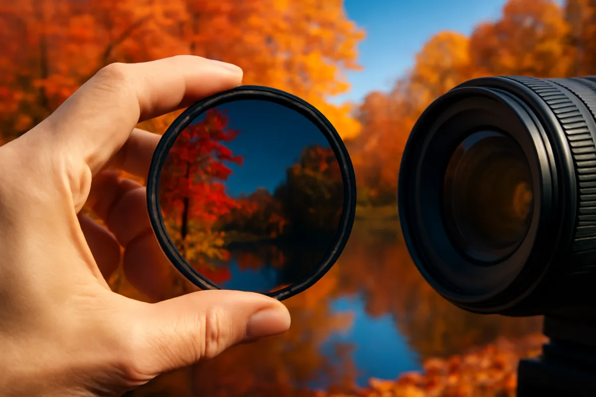 A hand holding a circular polarizing filter in front of a camera lens against a backdrop of colorful autumn leaves and a reflective pond, the filter deepening the sky and cutting glare off the wet foliage