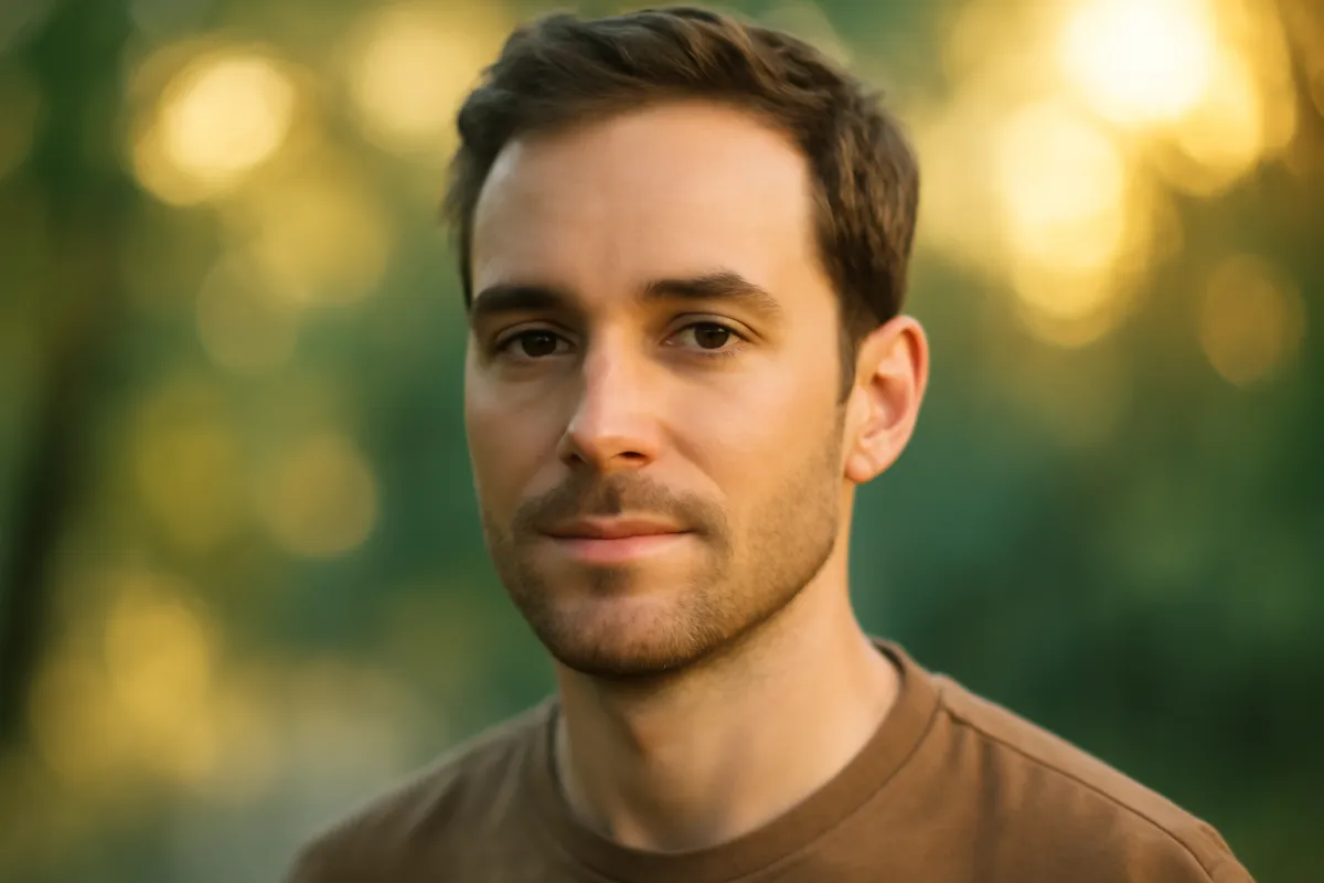 A flattering close portrait of a person outdoors with a sharp face and a soft creamy blurred background