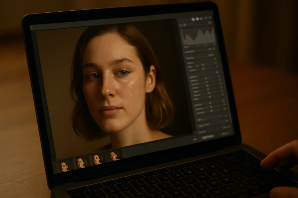 A laptop screen showing a portrait being edited with subtle skin retouching and natural looking skin texture retained