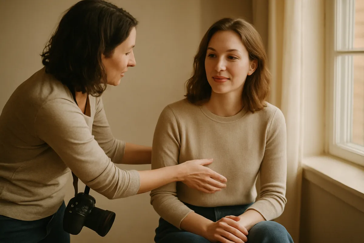 A photographer with a camera on a neck strap leaning in to direct a seated subject by a window in warm light