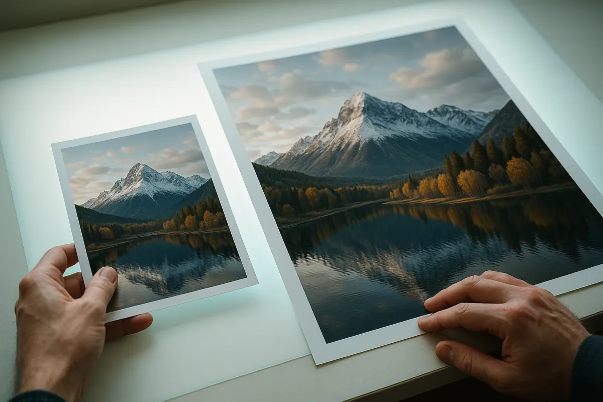 A small print beside a much larger print of the same landscape on a light table
