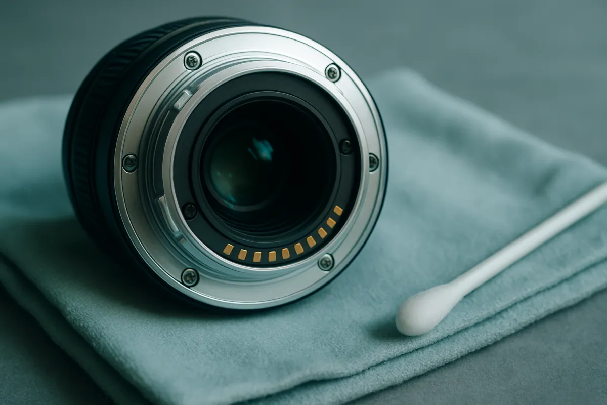 The rear element and metal mount of a detached camera lens resting on a soft cloth, the gold electronic contacts visible, with a cotton swab nearby