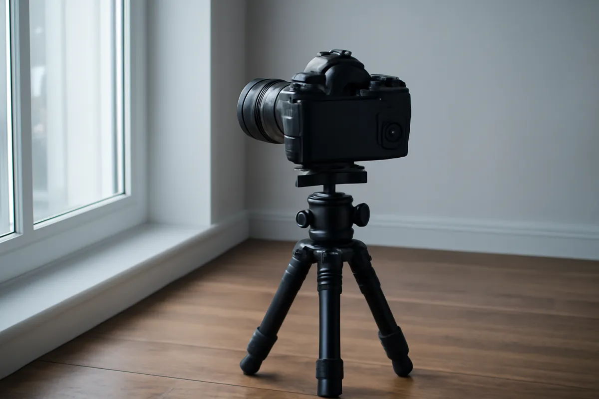 A camera mounted on a sturdy tripod near a window on a wooden floor, stable and level for a sharp low-light frame