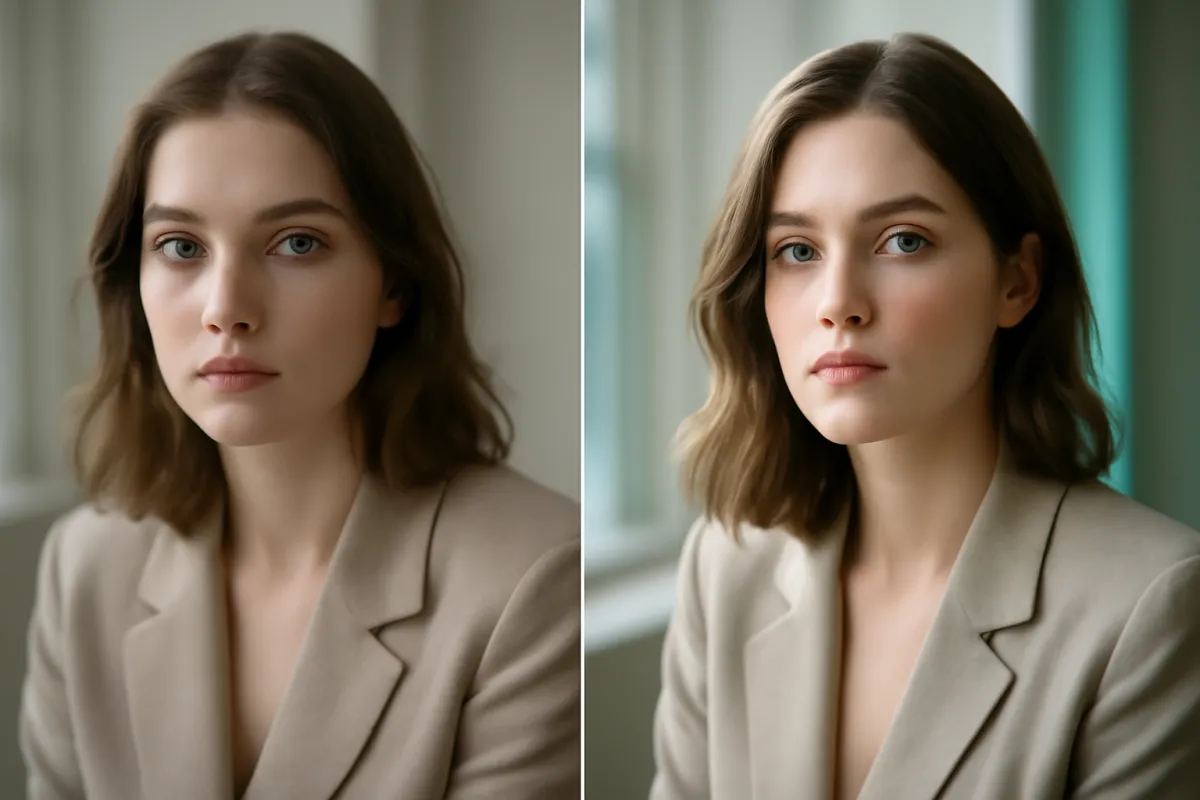 Side by side portraits of the same subject, one soft and flat, one crisp with a creamy blurred background