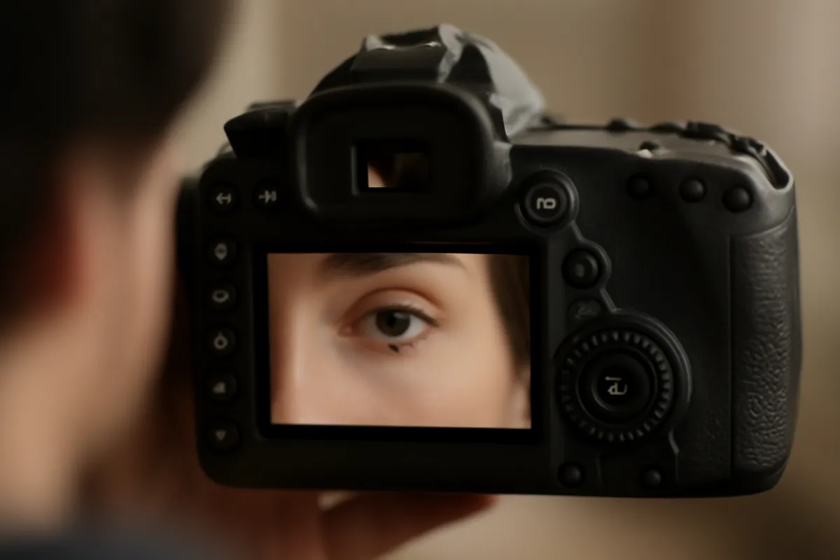 A camera rear screen showing a single eye filling the focus point, the same sharp-eye discipline that makes or breaks a pet photo