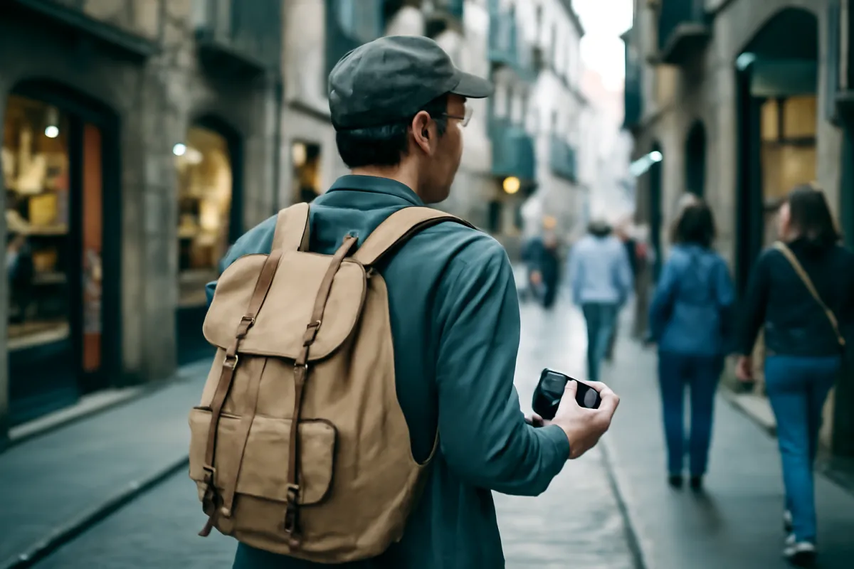 A traveler on a narrow old-town street holding a small camera, with walking figures softly blurred behind