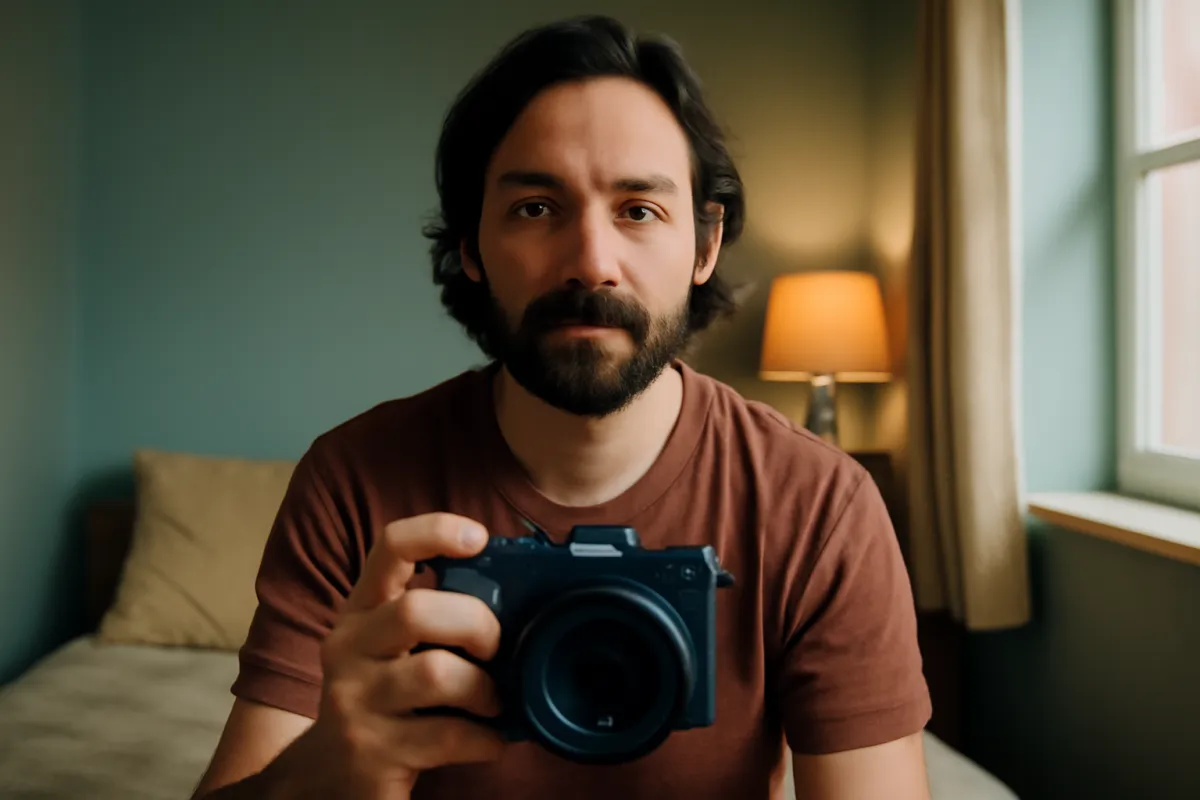 A person holding a camera in a small bedroom, a curtained window and a warm table lamp behind them