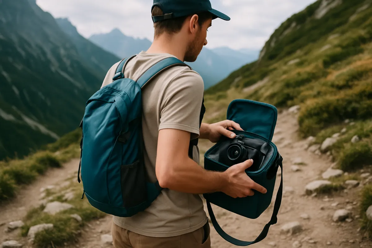 A hiker on a mountain trail lifting a compact camera out of a small shoulder bag
