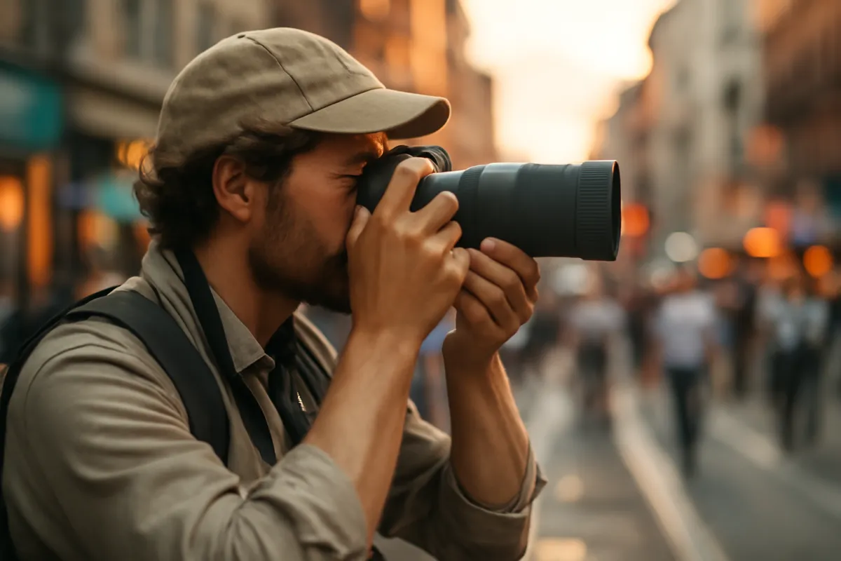 A photographer shooting a busy street scene at golden hour with a long lens