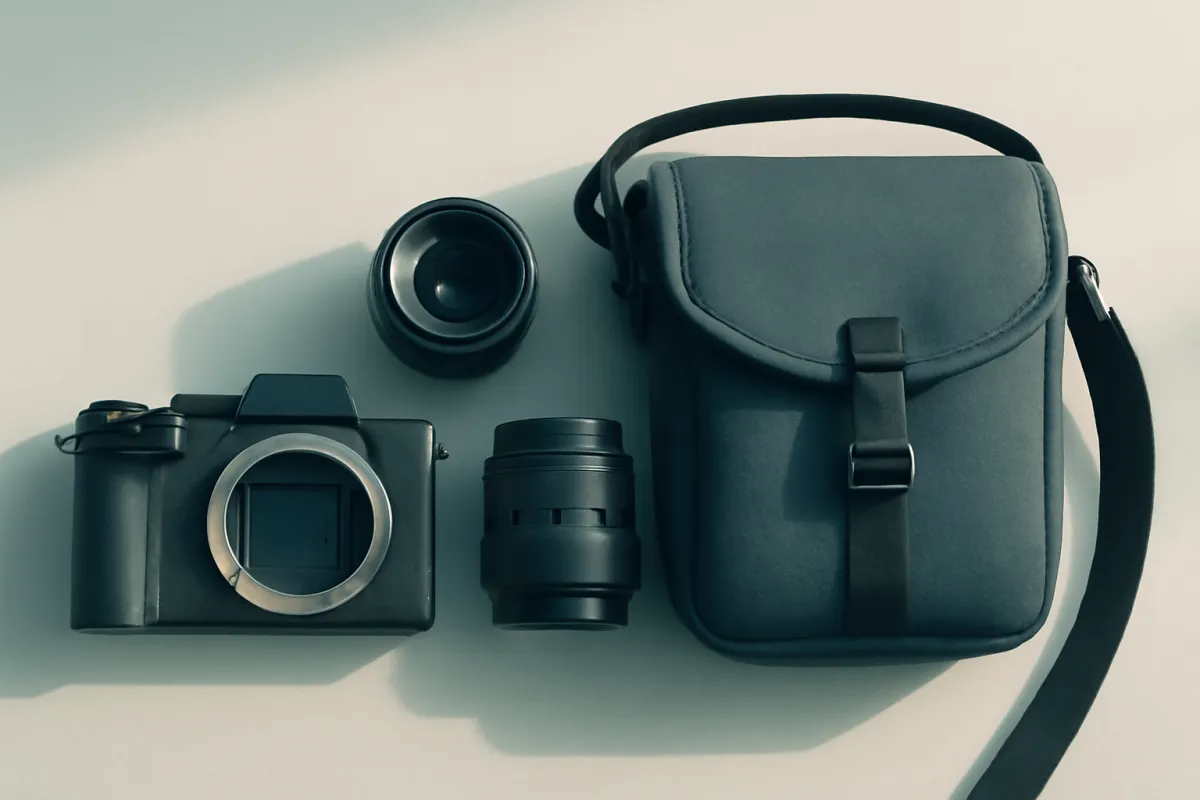 A minimal two-lens camera kit laid out flat: one body, one small lens, one slightly larger lens, and a compact bag