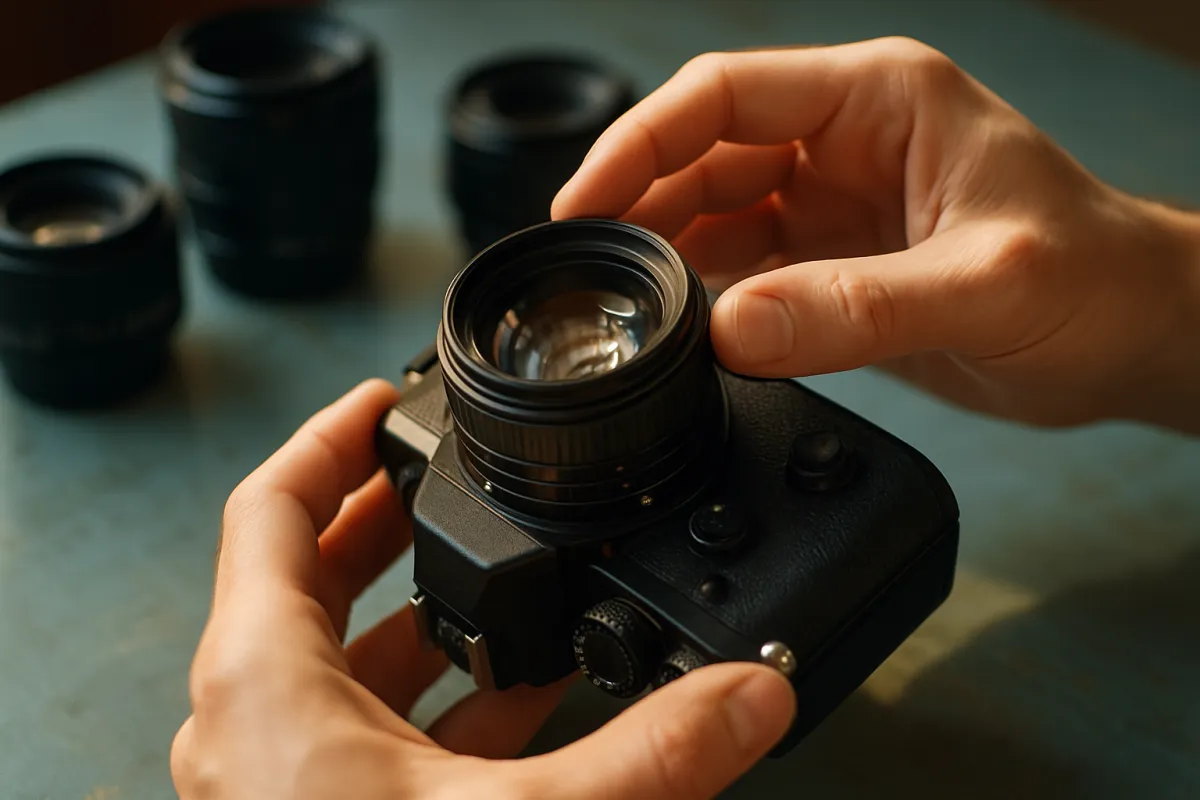 Hands inspecting a used camera in warm light, checking the lens glass and dials on a table
