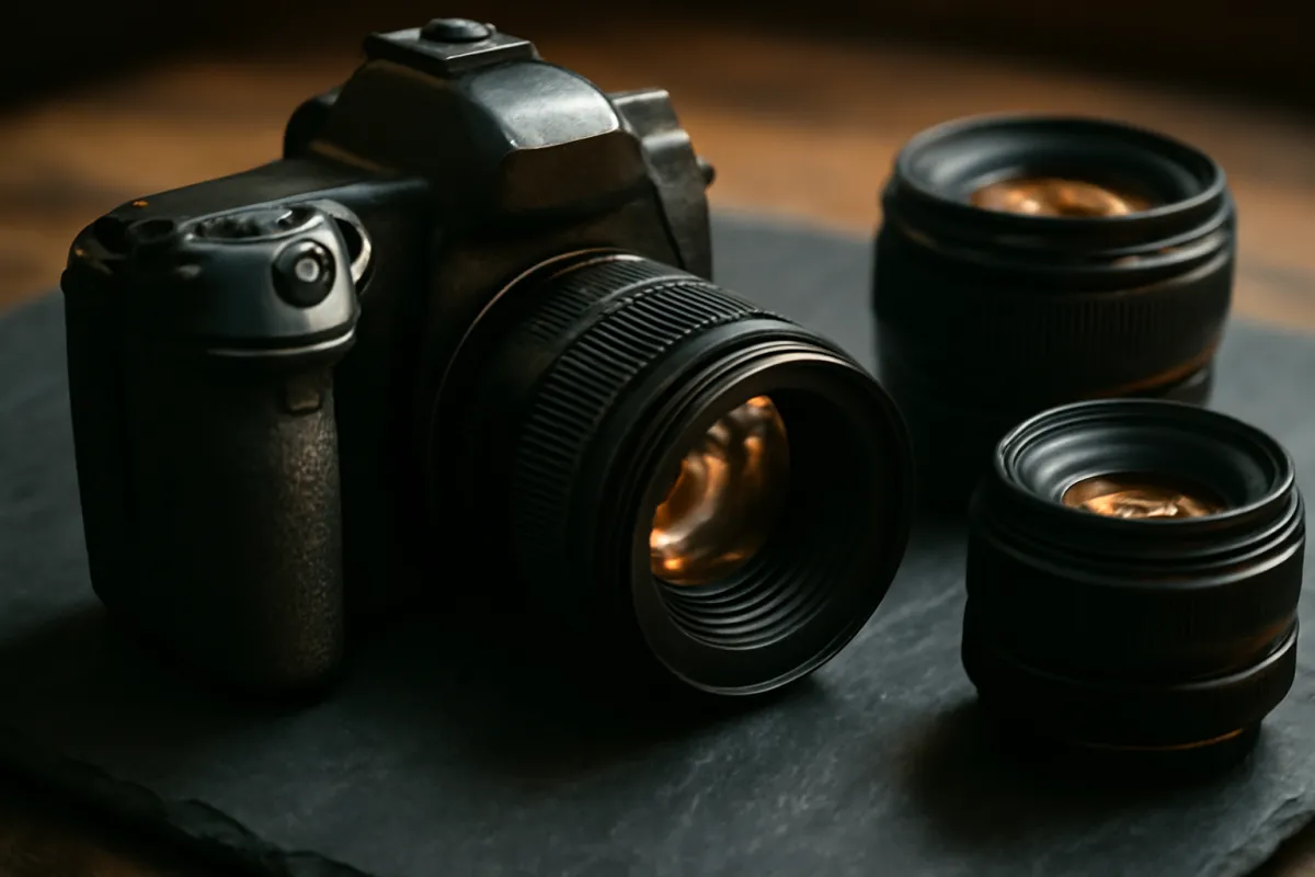 A used DSLR body with two lenses arranged on a dark slate surface