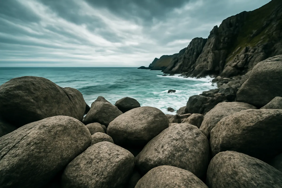 An ultra-wide-angle coastal landscape with rocky foreground boulders close in the frame and a distant horizon, exaggerated near-to-far depth, soft cyan tint on the water and sky