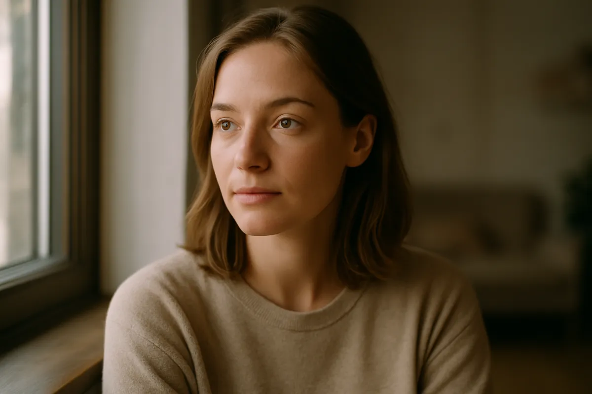Soft directional daylight from a large window falling across a seated subject, cool light near the glass meeting warmer tones on the shadowed side