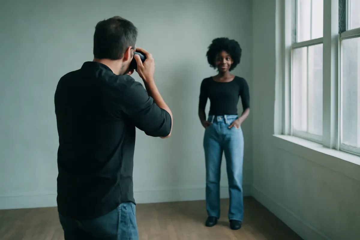 A photographer standing several feet back in a spacious room to photograph a full-body portrait subject