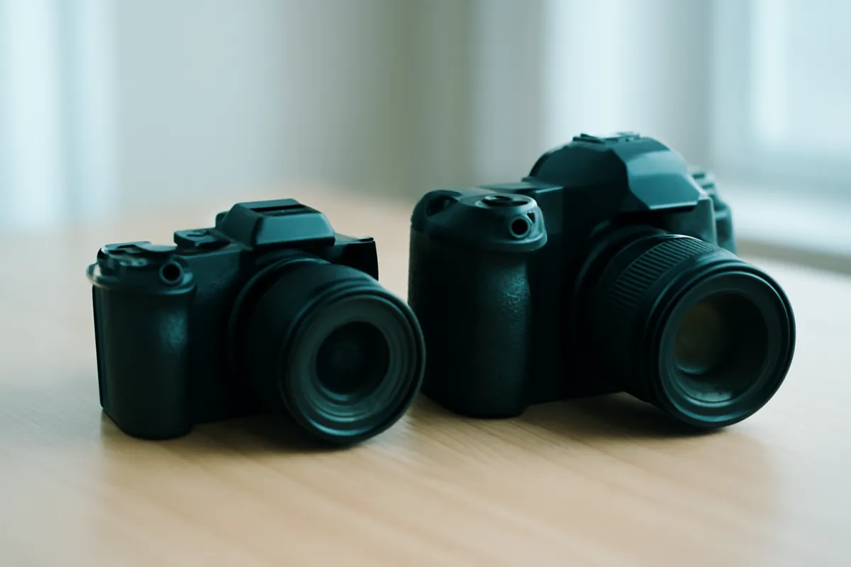 A mirrorless camera and a DSLR body side by side on a light wooden table in soft window light