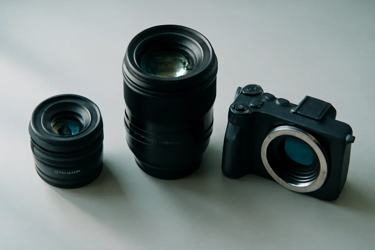 A compact lens and a larger lens arranged beside a camera body on a neutral gray table