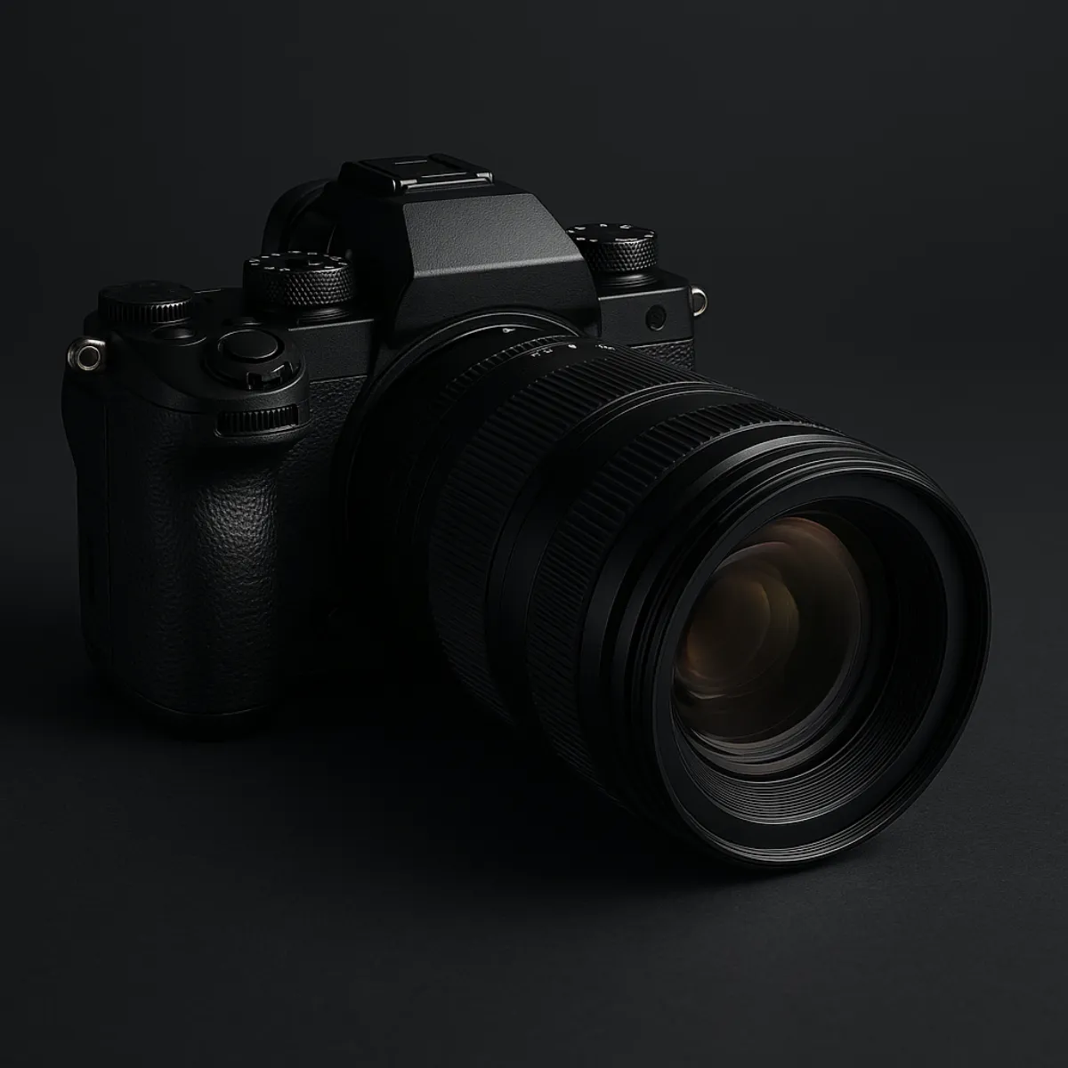 A black camera and lens photographed with dramatic low-key side lighting against a dark background, with soft highlights tracing the edges of the semi-reflective body and lens barrel