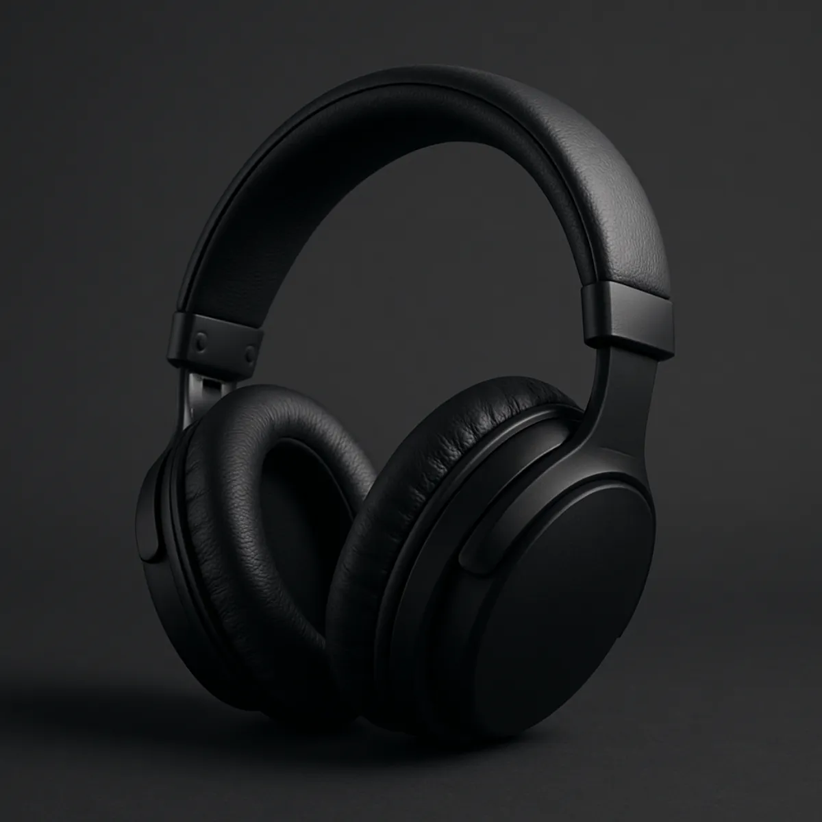 A pair of black over-ear headphones lit from one side by a single soft light against a dark background, the raking light revealing the texture of the ear cushions and a soft shadow falling to the opposite side