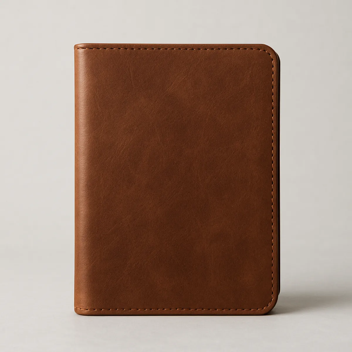A brown leather notebook photographed straight down from directly above, centered on a plain light gray surface with soft even lighting