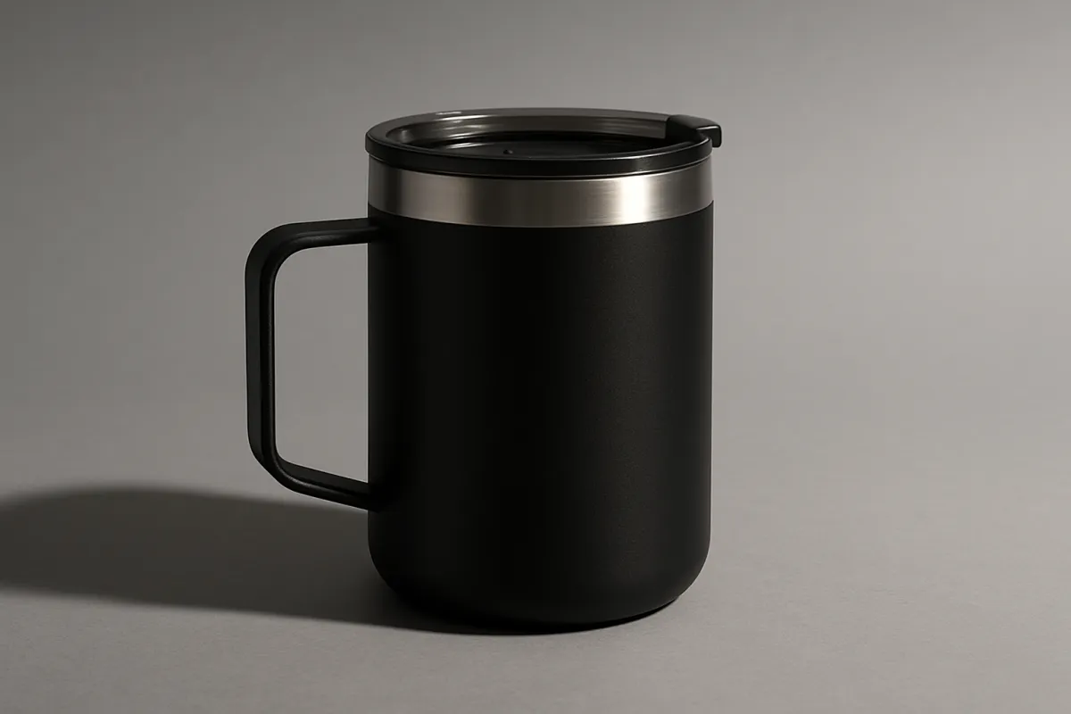 A dark insulated mug with a stainless steel rim photographed straight on against a clean, evenly lit gray background with a soft shadow anchoring it to the surface
