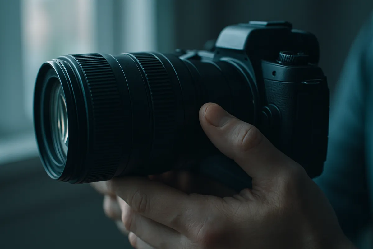 A hand cradling a camera body fitted with a long ribbed zoom lens in soft window light