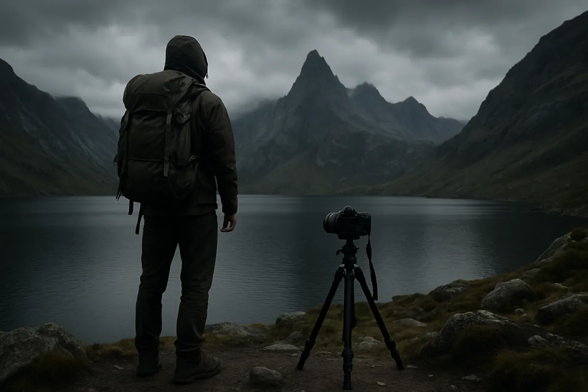 A hiker with a backpack standing beside a camera on a tripod at the edge of a mountain lake under a dramatic cloudy sky