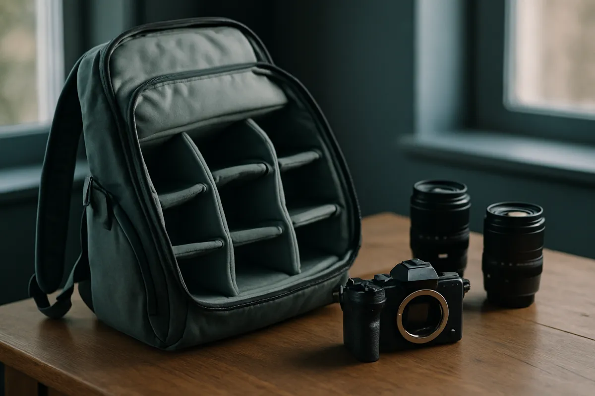 An open camera backpack showing padded dividers on a wooden table, with a camera body and two lenses beside it in window light