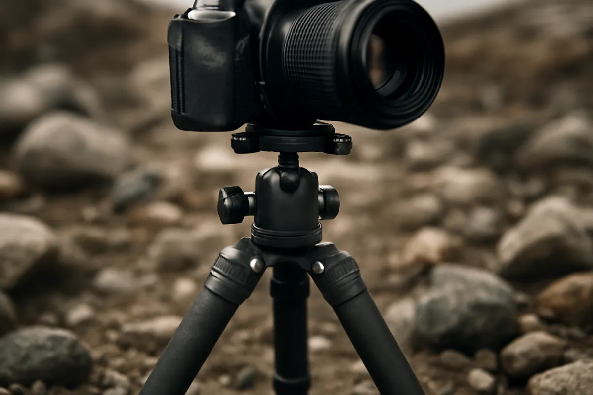 A DSLR camera with a telephoto lens mounted on a dark tripod with a ball head, set up outdoors on loose rocky ground