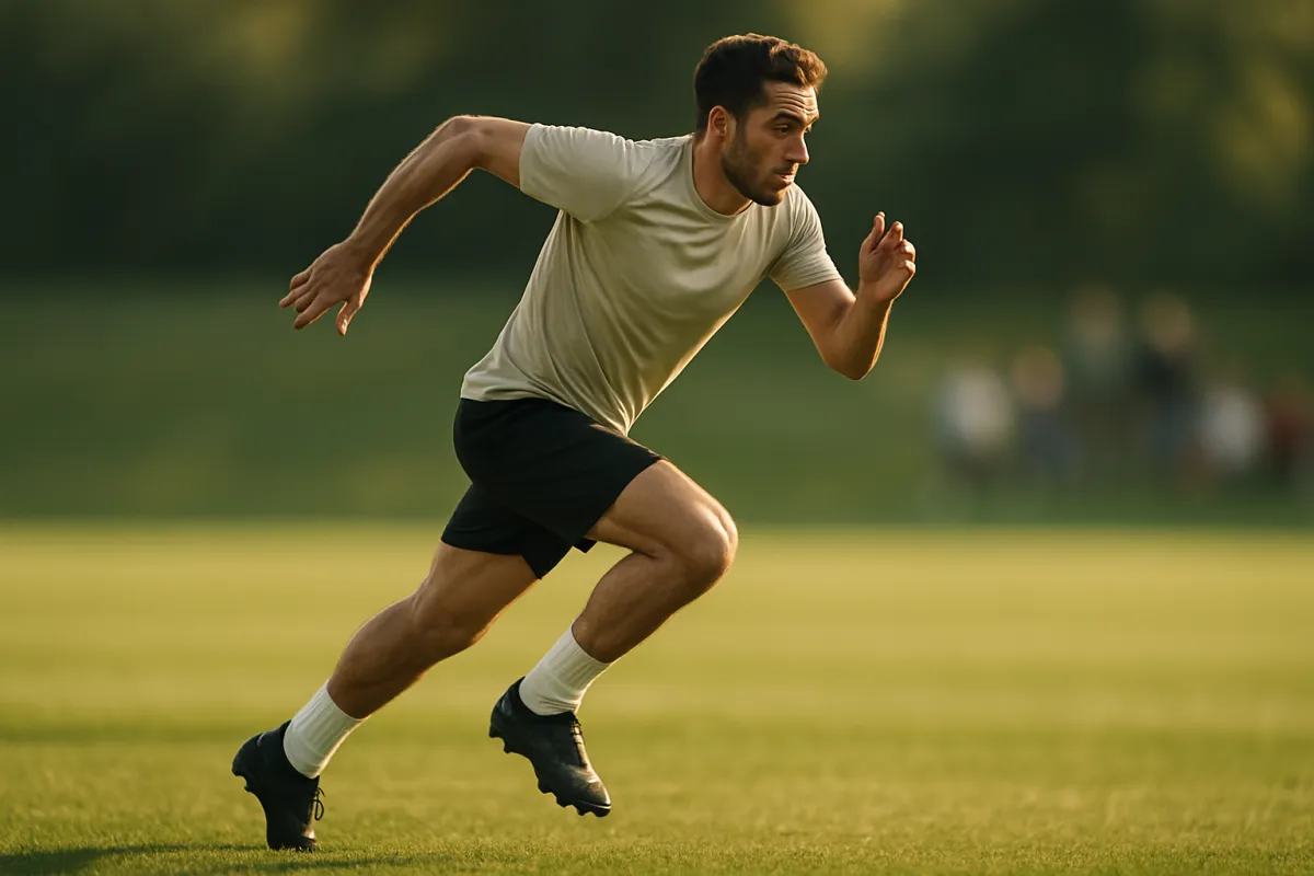 An athlete in a plain t-shirt and shorts sprinting across a grass field in warm low sunlight, frozen sharply while the field and distant onlookers behind fall into soft blur