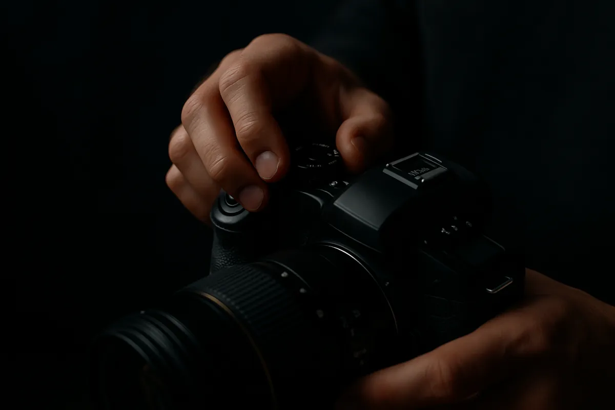 A pair of hands adjusting a dial on a dark camera body with a lens already mounted, photographed close up against a dark background