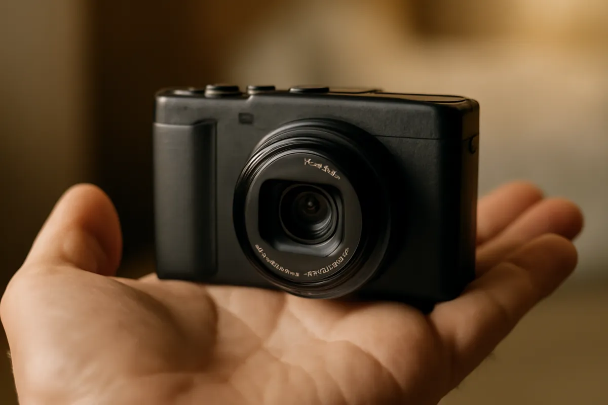 A hand holds a small black compact camera close to the viewer, the lens extended slightly, with a warm blurred interior background