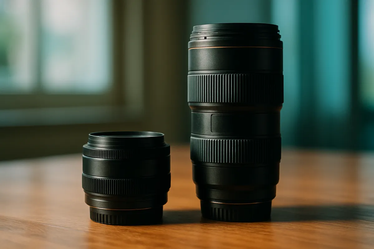 Two black camera lenses standing on a wooden table beside a window, one short and compact with a single ridged ring and one roughly twice as tall with two ridged rings