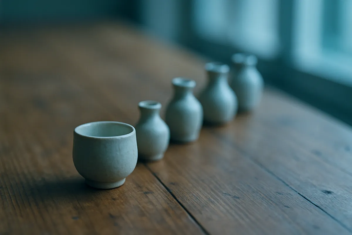 Five pale ceramic vessels arranged in a receding line on a dark wooden table, the nearest one sharp and the four behind it progressively blurred, lit by cool window light